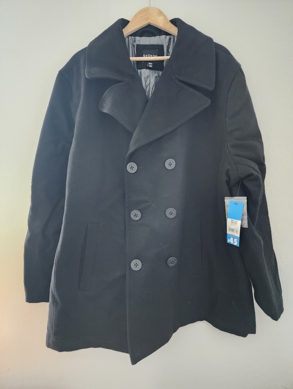 NWT George Black Double-Breasted Pea Coat, 2XL
